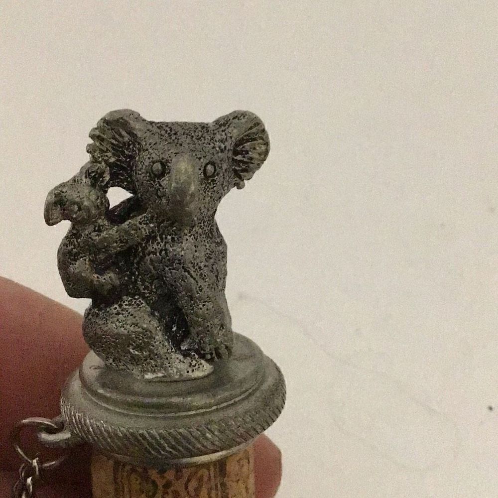 Vintage pewter, Australia, koala and baby wine, stopper with neck ring and chain